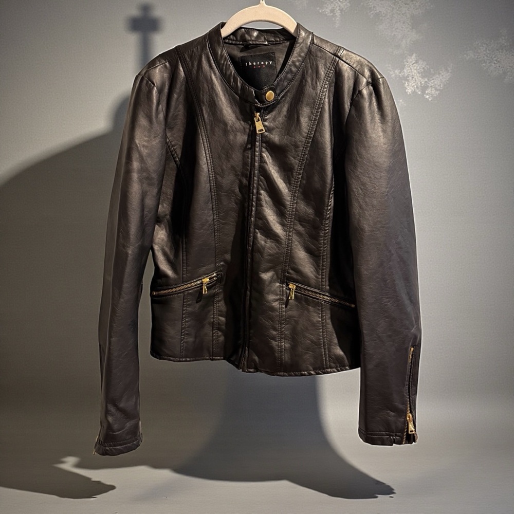 Therapy Black Faux Leather Moto Jacket‎ Floral Lining Size M